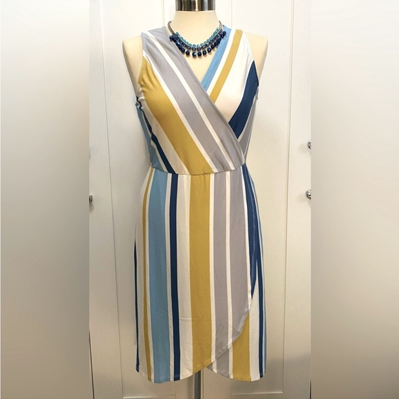 Wrap V Neck Dress Sz Large Stripe Blue Cream & Mustard Yellow NEW! FIRM! - Picture 2 of 5